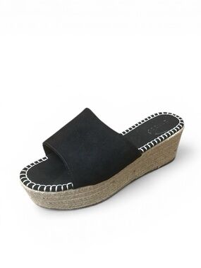Bamboo Platform Espadrille Slide Sandals Jute-Wrapped Wedge Black Size 10